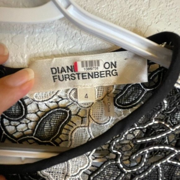 Diane Von Furstenberg‎ Black White Lace Midi Floral Lace Scalloped Dress Size 4 - Picture 4 of 9
